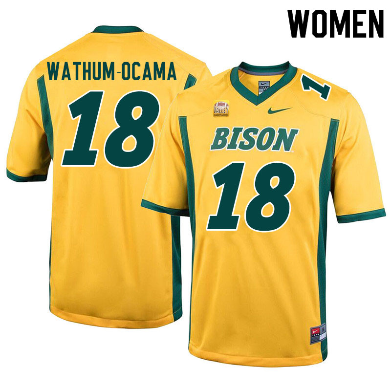 Women #18 Jenaro Wathum-Ocama North Dakota State Bison College Football Jerseys Sale-Yellow - Click Image to Close